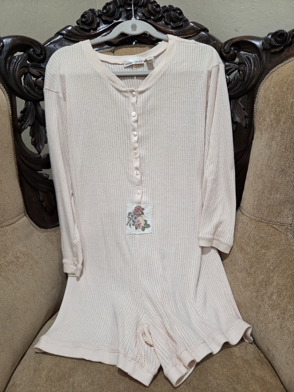 Vintage Victoria's Secret  Long-Sleeve Romper Pajama In Soft Pink
